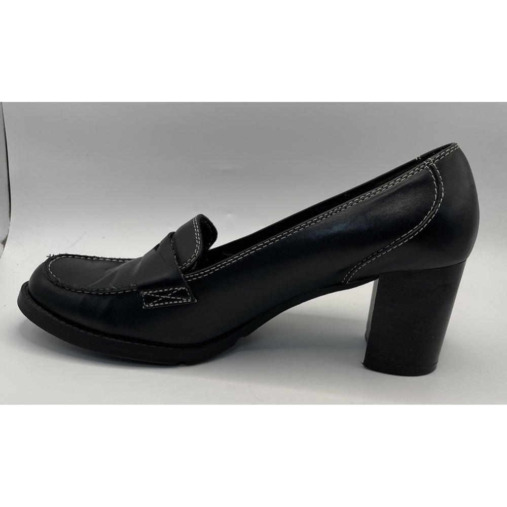 Bass Plaza Y2K Black Leather Penny Loafer Block Heel Pumps Contrast Stitch 9.5 M - Picture 6 of 8